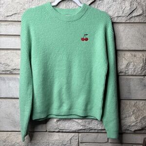A New Day Mint Green Cherry Motif Crew Neck Knit Sweater Women's Sz Small